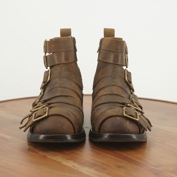 Jeffrey Campbell Womens Belted Up Biker Boots Brown Leather Buckles Block Heel 6 - Picture 3 of 9